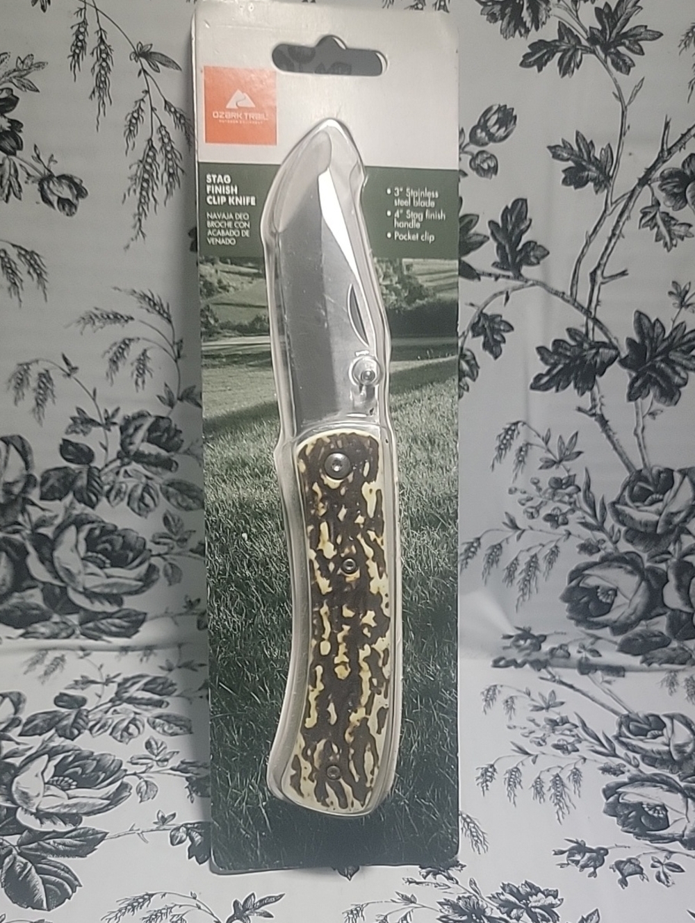 Ozark Trail Silver Blade with Brown Stag-Pattern Handle Folding Knife